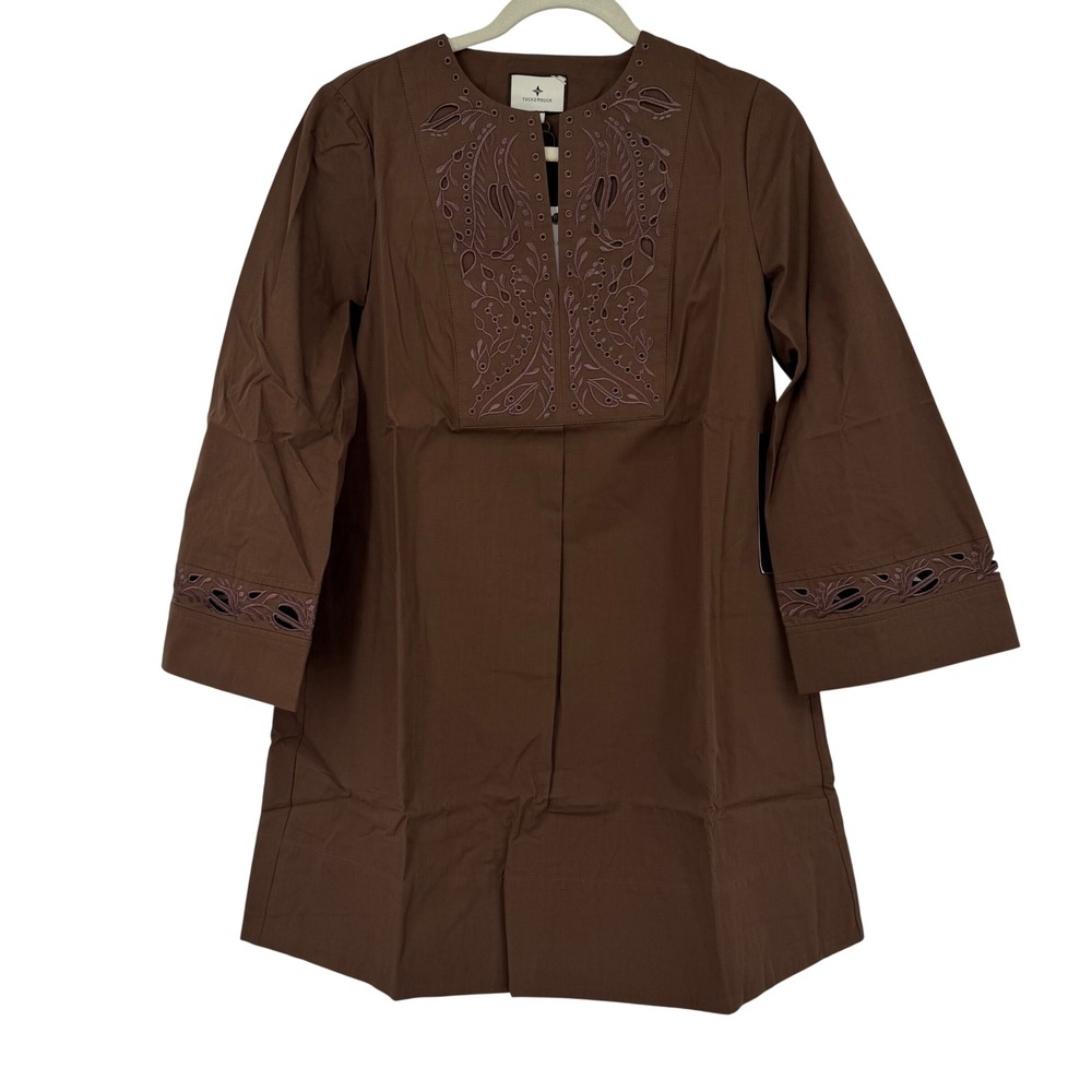 Tuckernuck Embroidered Tahlia Mini Dress Women's Small Brown Eyelet Long Sleeve
